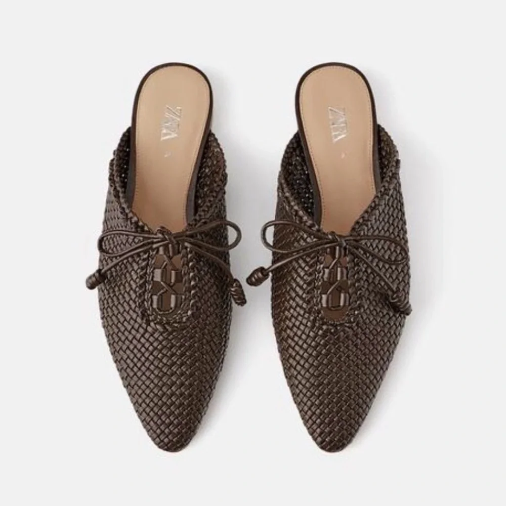 ZARA BRAIDED WOVEN FLAT MULES BROWN TIE BOW SLIDES SANDALS 38 BASKET WEAVE